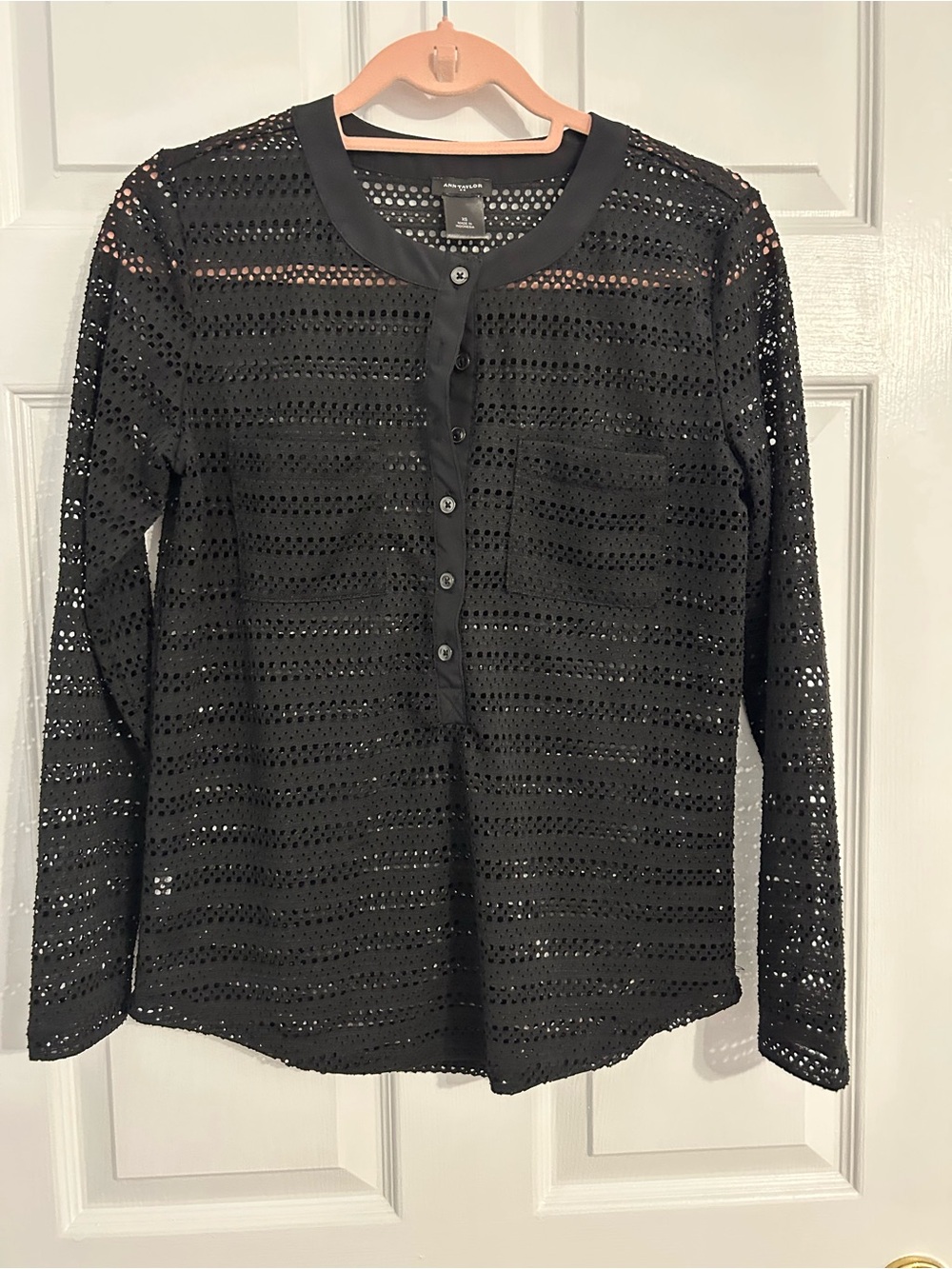 Ann Taylor Black Crochet Button-Front Long-Sleeve Top